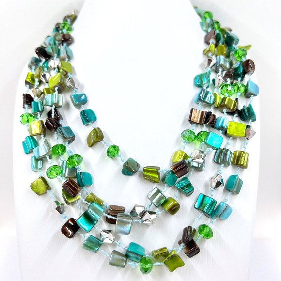 Jewelry - NWOT - BOHO Multi Stand Green & Turquoise Dyed Shell Silver Tone 16” Necklace